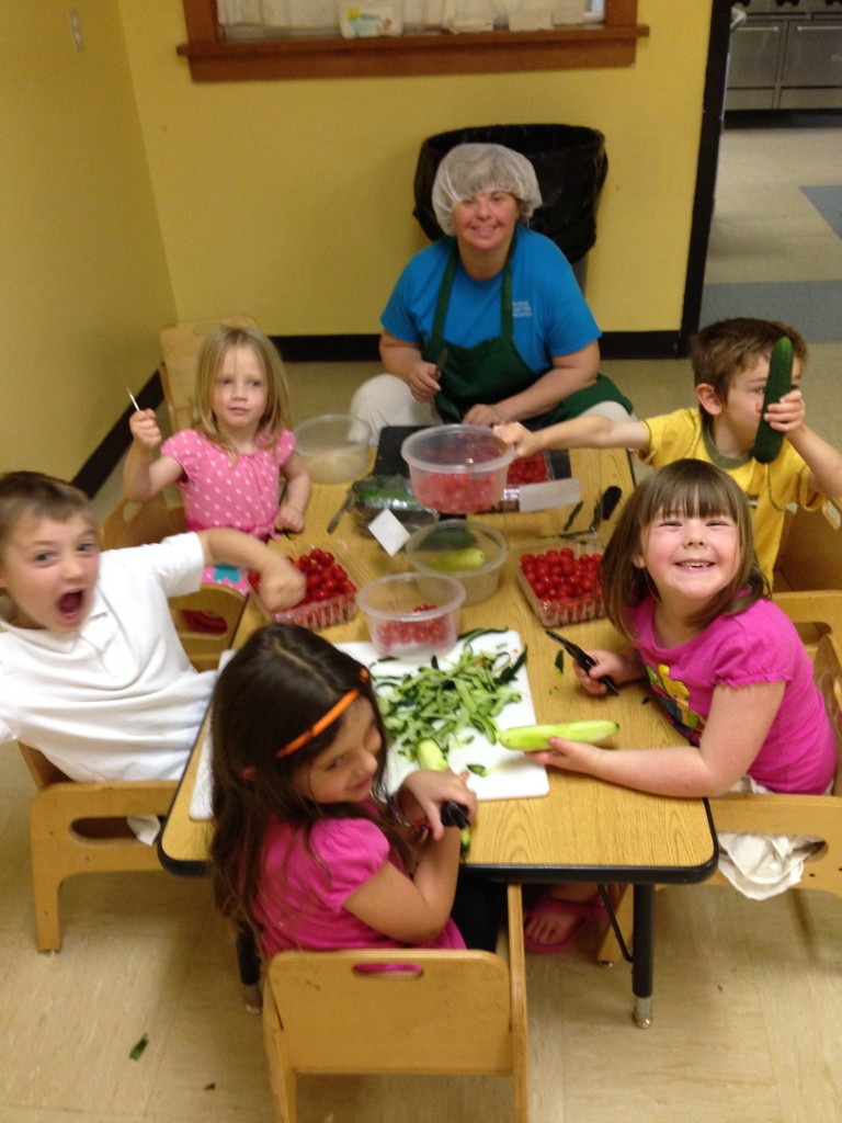 Leeann and PreKindergarteners preparing chef salad for lunch and loving it!
